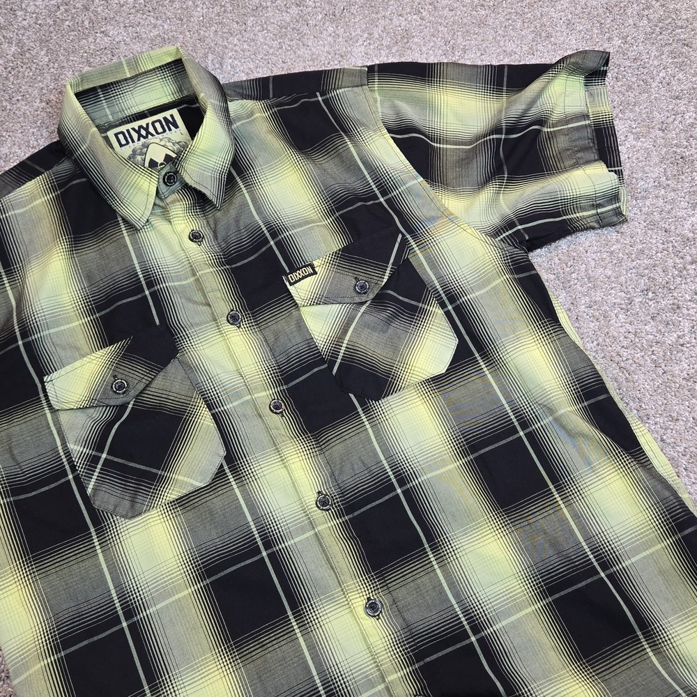 Dixxon Flannel Co Radium Bamboo Short Sleeve Plaid Shirt Mens Large Black Yellow